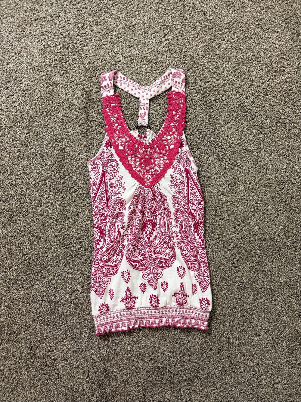Almost Famous White Tank with Pink Paisley and Crochet Trim
